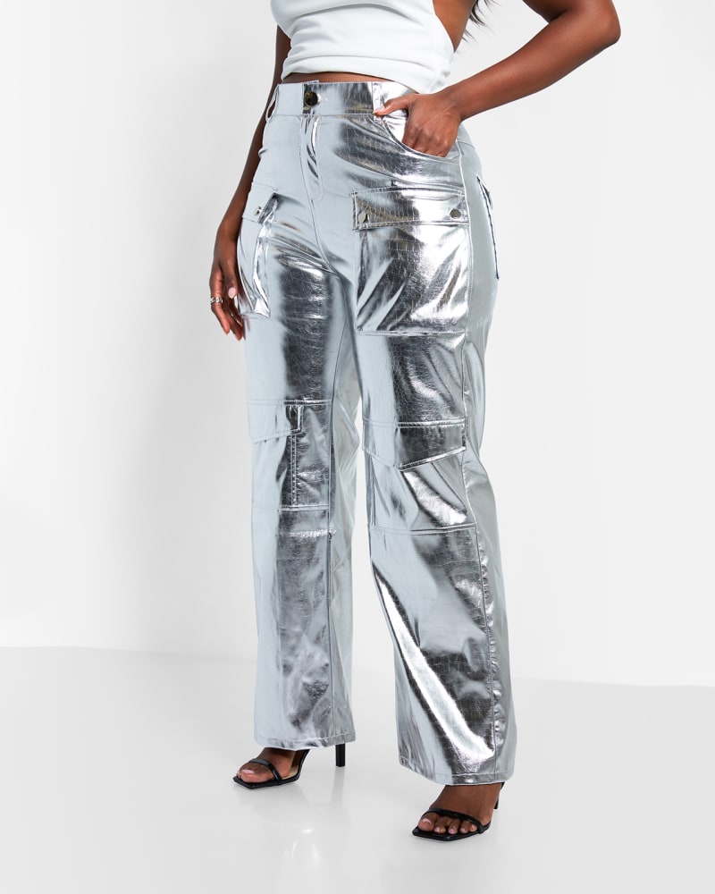 Lena Metallic Wide Leg Cargo Pants - Silver Croc | Silver